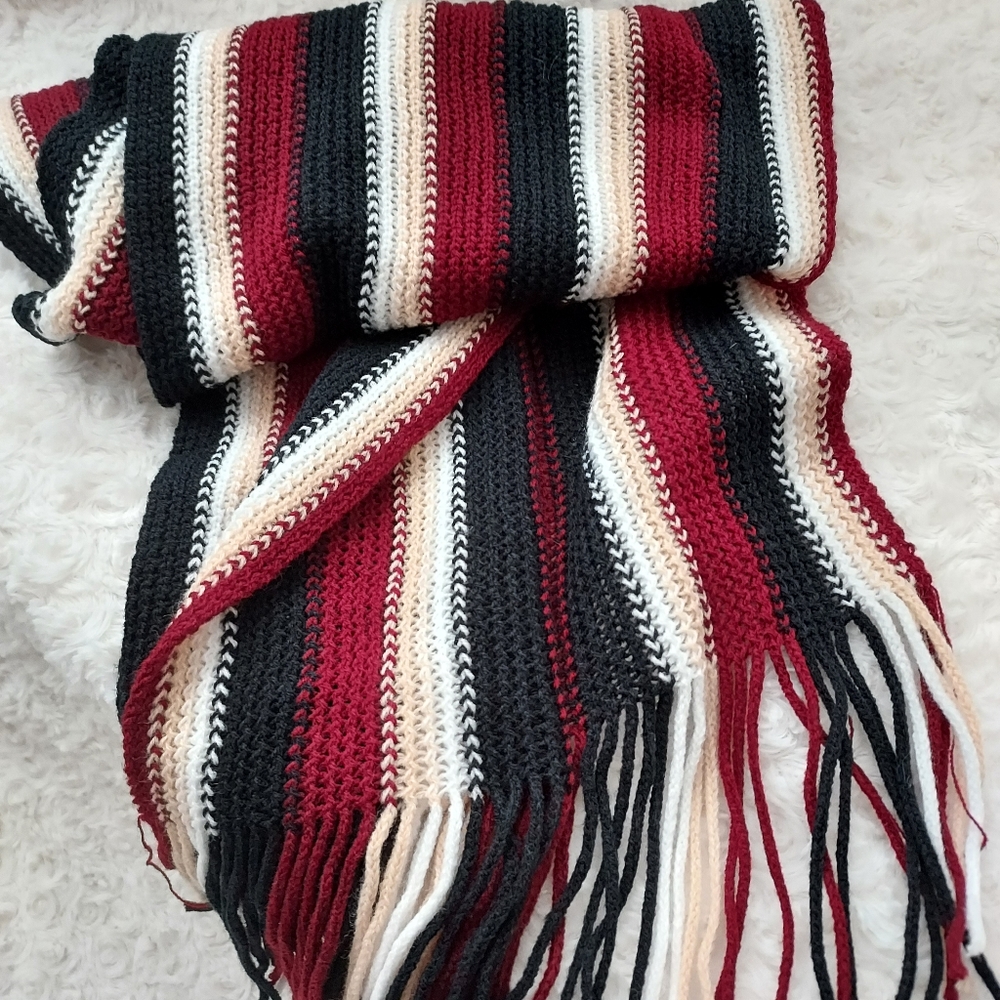 Colorful Striped knit accent scarf wrap 55" with fringe Cozy Cool Weather